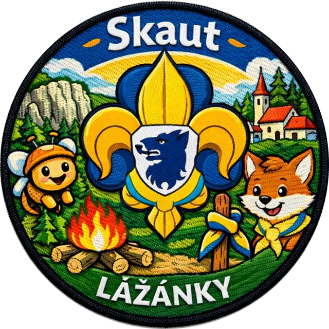 Odznak oddílu: skautská lilie, táborák, liška, včelka, skála a kostel v Lažánkách